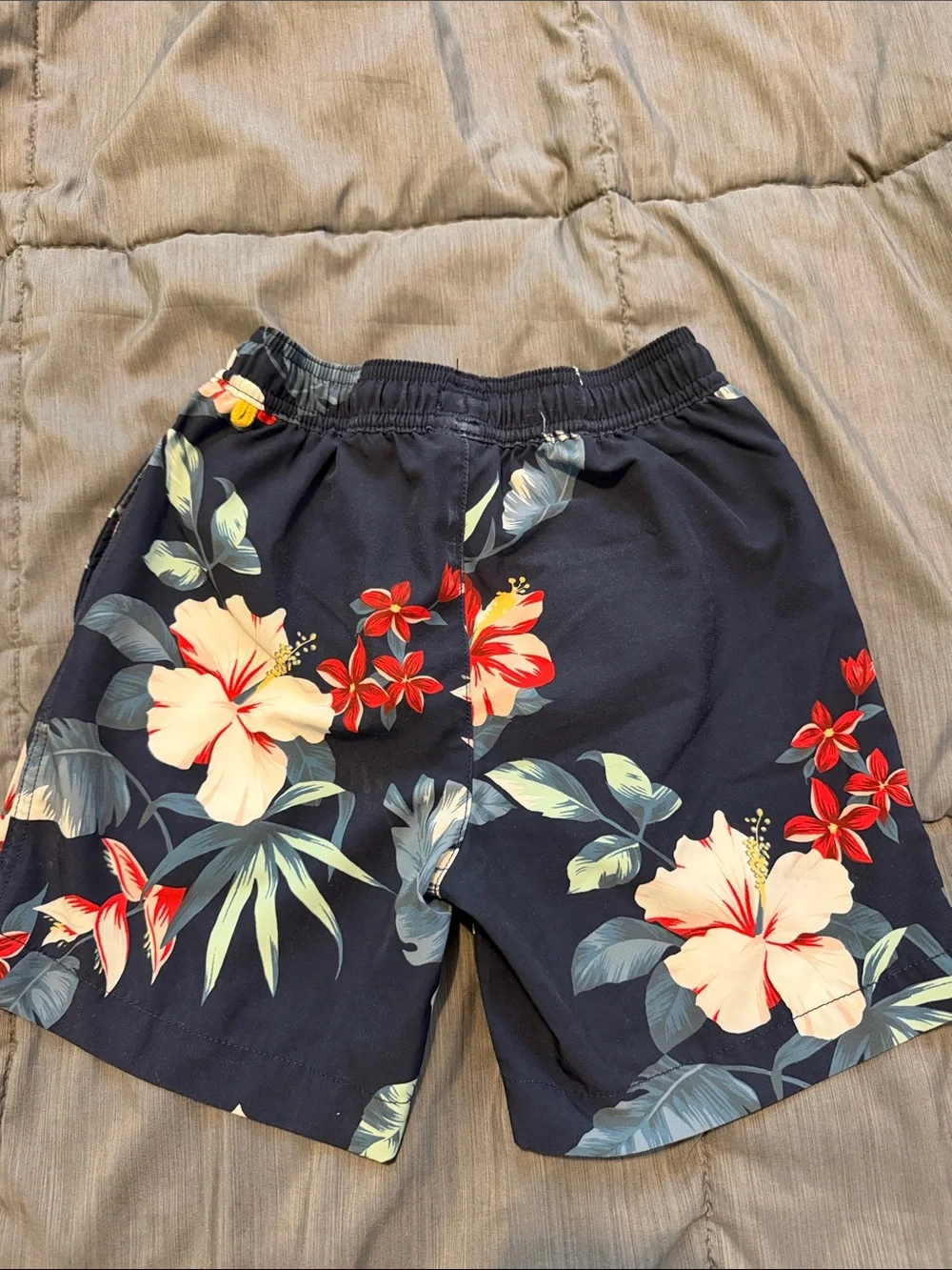 Crewcuts Navy Tropical Floral Swim Trunks with Yellow Drawstring